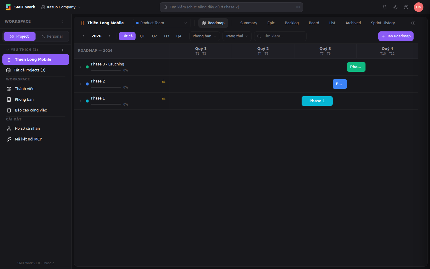 Ảnh màn Roadmap (Product Team)